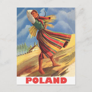 Postal Polonia, mujer de aldea en el campo