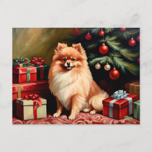Postal Pomerania sentada en un árbol de Navidad