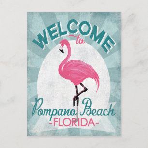 Postal Pompano Beach Florida Flamingo Rosado Retro