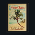Postal Pompano Beach Palm Tree Vintage Travel<br><div class="desc">Un arte de Pompano Beach Florida,  retro y único,  de mediados de siglo,  con un estilo poster de viaje vintage. Cuenta con una palmera curvada en una playa de arena con el océano bajo un cielo azul turbio.</div>