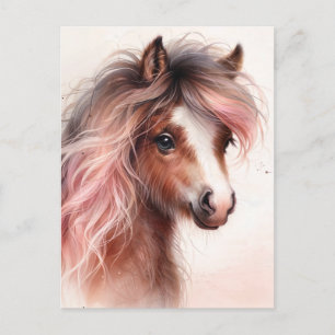 Postal Poni Con Melena Rosa Acuarela