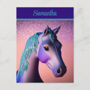 Postal Poni mágico en púrpura y azul turquesa con nombre