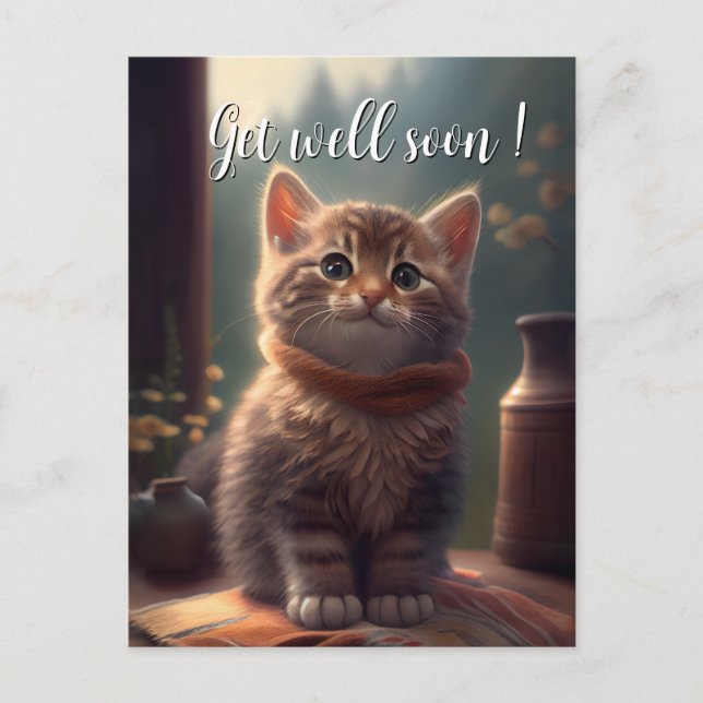 Postal Ponte bien pronto gatito con bufanda (Anverso)