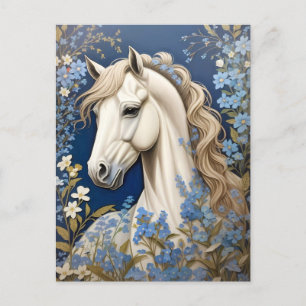 Postal Pony Blanco Elegante Y Olvidadme-Nots