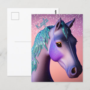 Postal Pony mágico en morado y Verde azulado con nombre p