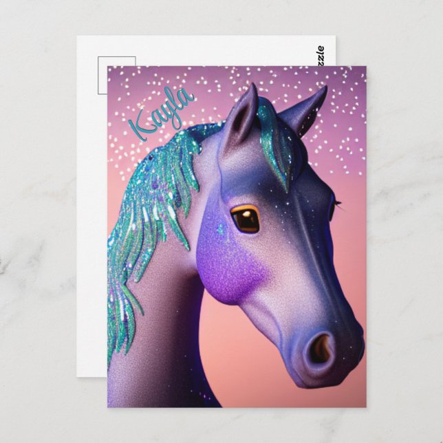 Postal Pony mágico en morado y Verde azulado con nombre p (Anverso / Reverso)
