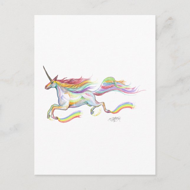 Postal Pony volando pegasus Pony con unicornio arcoiris (Anverso)