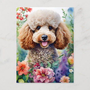 Postal Poodle Perro acuarela Arte floral