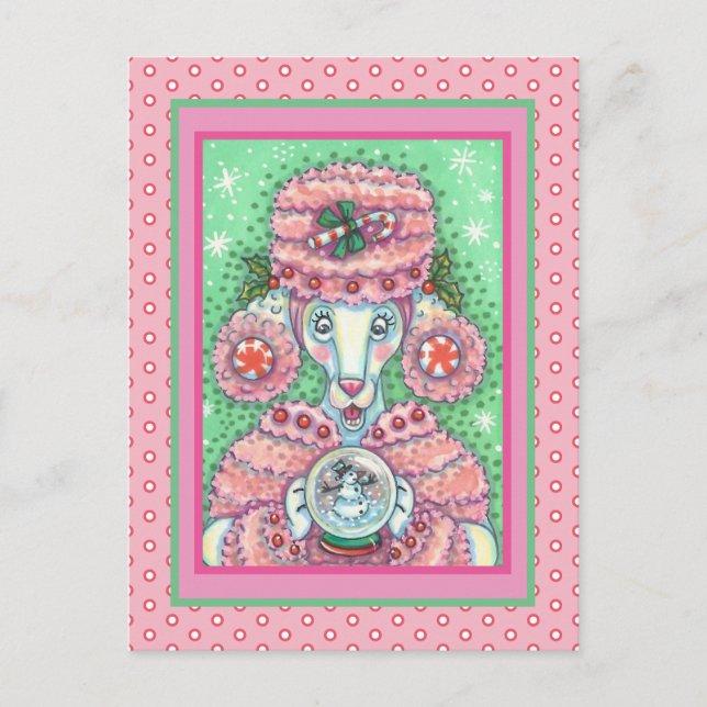 POSTAL POODLE ROSA DE PEPPERMINA CUIDADA Y SNOWGLOBE (Anverso)