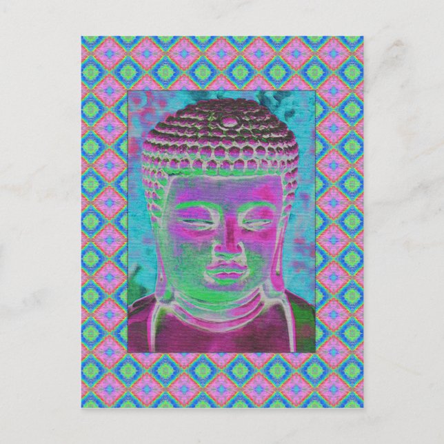 Postal Pop Buda en magenta y turquesa (Anverso)