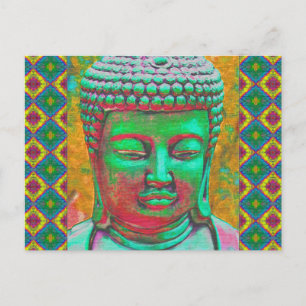 Postal Pop Buda en verde Verde azulado y rojo
