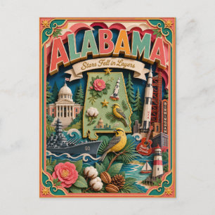 Postal PopCut Estados Alabama Arte en Papel Colorido 3D