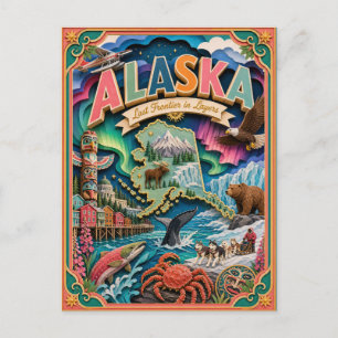 Postal PopCut Estados Alaska Colorido Arte de Papel 3D