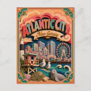 Postal PopCut Estados Atlantic City Nueva Jersey Arte de 