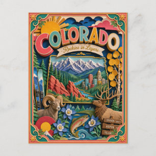 Postal PopCut Estados Colorado Colorido Arte de Papel 3D