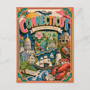Postal PopCut Estados Connecticut Colorido Arte en Papel 