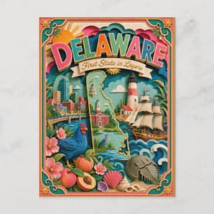 Postal PopCut Estados Delaware Colorido Arte de Papel 3D