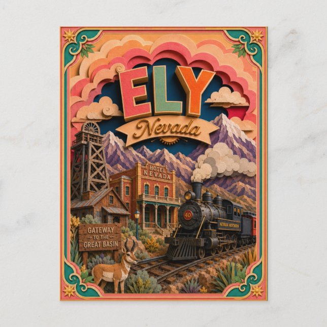 Postal PopCut Estados Ely Nevada Arte de Papel (Anverso)