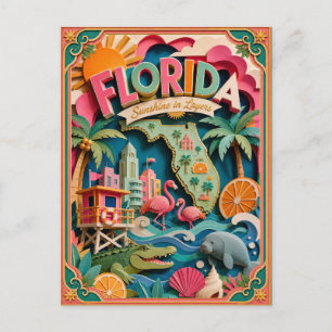 Postal PopCut Estados Florida Colorido Arte de Papel 3D