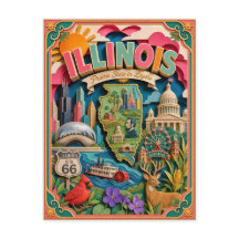 PopCut Estados Illinois Colorido Arte de Papel 3D