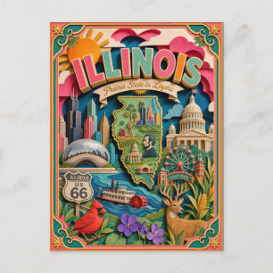 Postal PopCut Estados Illinois Colorido Arte de Papel 3D