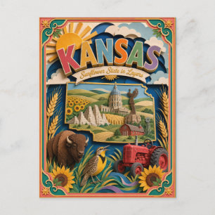 Postal PopCut Estados Kansas Colorido Arte de Papel 3D