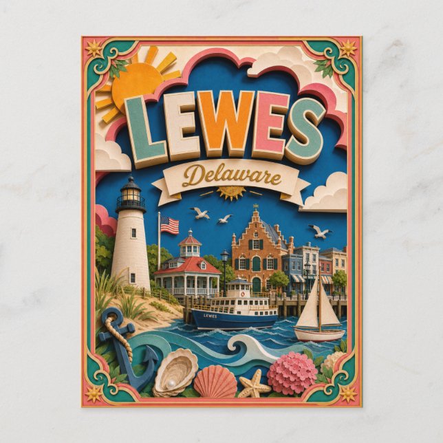 Postal PopCut Estados Lewes Delaware Arte de Papel (Anverso)