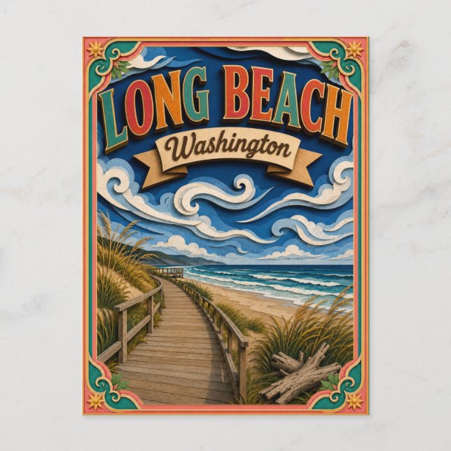 Postal PopCut Estados Long Beach Washington Arte de Papel (Anverso)