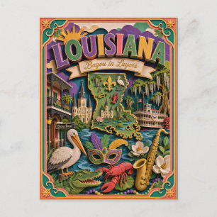 Postal PopCut Estados Louisiana Colorido Arte en Papel 3D