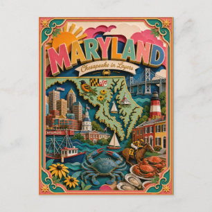 Postal PopCut Estados Maryland Colorido Arte de Papel 3D