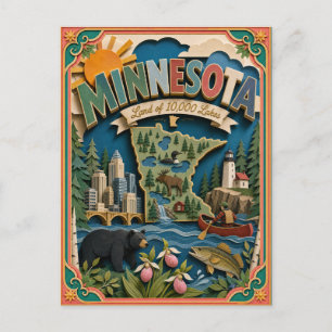 Postal PopCut Estados Minnesota Colorido Arte de Papel 3D