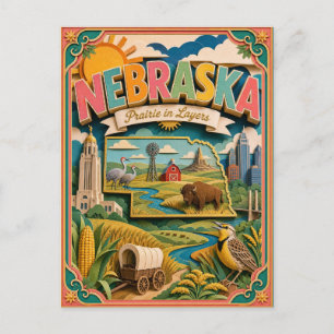 Postal PopCut Estados Nebraska Colorido Arte de Papel 3D