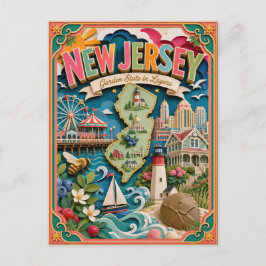 Postal PopCut Estados Nueva Jersey Colorido Arte de Papel