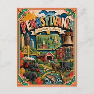 Postal PopCut Estados Pennsylvania Arte en Papel Colorido