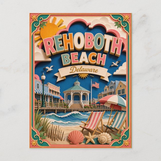 Postal PopCut Estados Rehoboth Beach Delaware Arte de Pap (Anverso)
