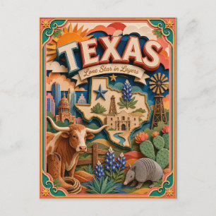 Postal PopCut Estados Texas Colorido Arte de Papel 3D