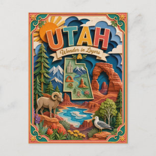 Postal PopCut Estados Utah Colorido Arte de Papel 3D