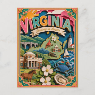 Postal PopCut Estados Virginia Colorido Arte de Papel 3D