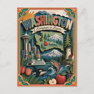Postal PopCut Estados Washington Colorido Arte de Papel 3