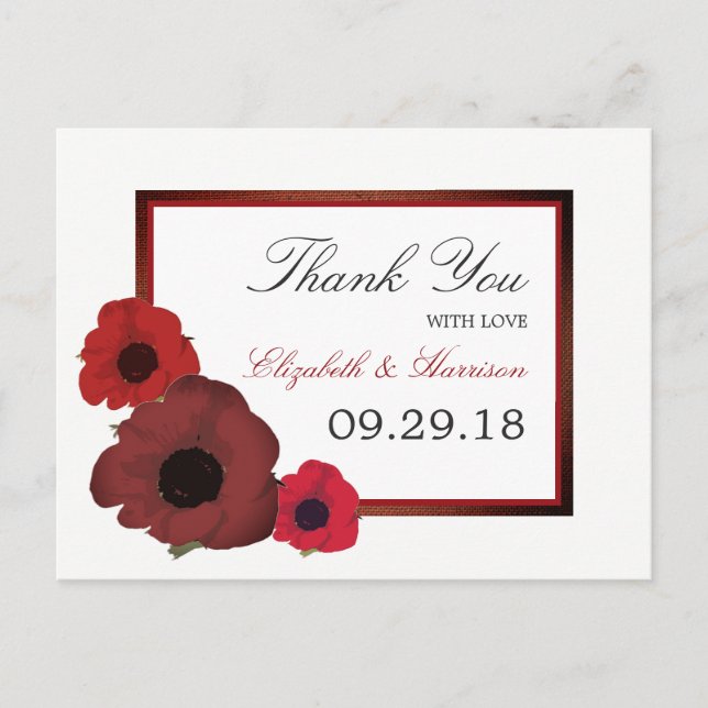 Postal Poppies rojos y Boda Burlap Gracias (Anverso)