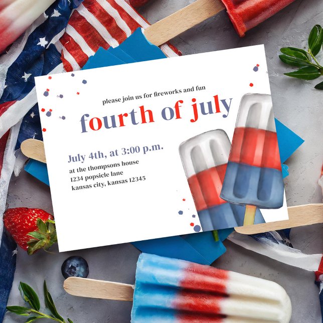 Postal Popsicle de verano rojo y azul, 4 de julio (Fourth of July Red, White, and Blue summer party invitation postcard. )