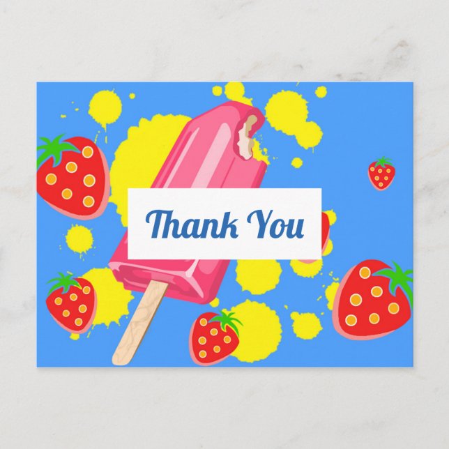 Postal Popsicle Rosa Divertido y Fresas Gracias (Anverso)