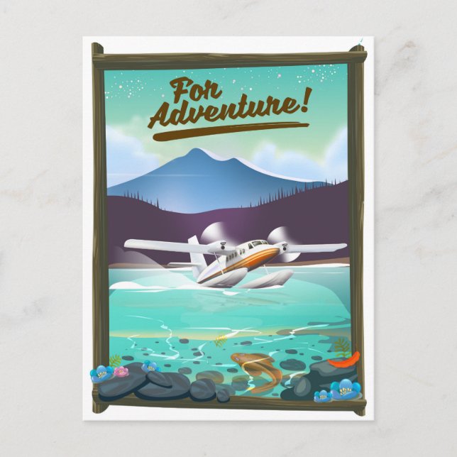 Postal ¡Por aventura! Cartel de viaje en avión marítimo (Anverso)