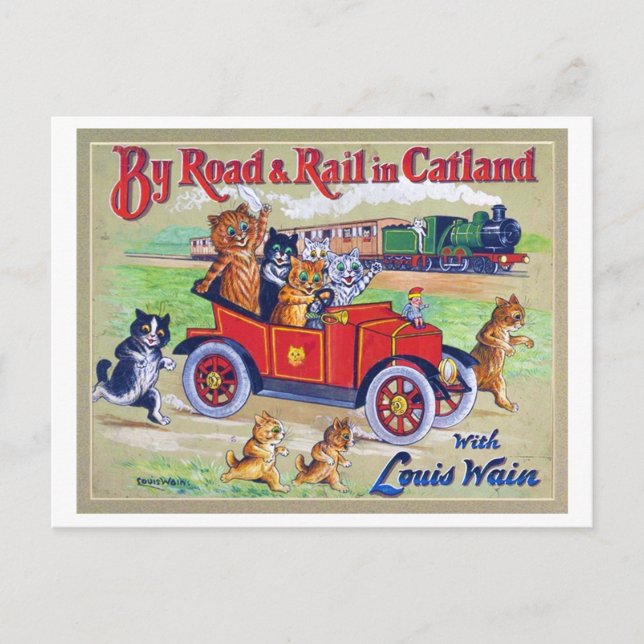 Postal Por carretera y tren en Catland, Louis Wain (Anverso)