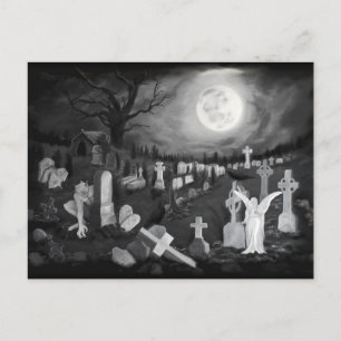 Postal Por la noche en el cementerio - Ángel con el diabl