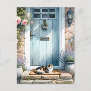 Postal Porche floral Cottagecore con gato calico