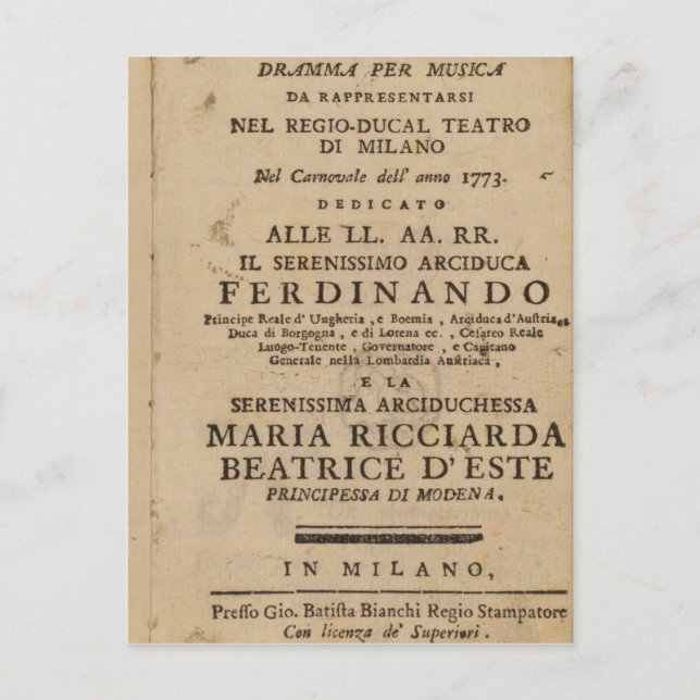 Postal Portada del 'Lucio Silla' de Mozart (Anverso)
