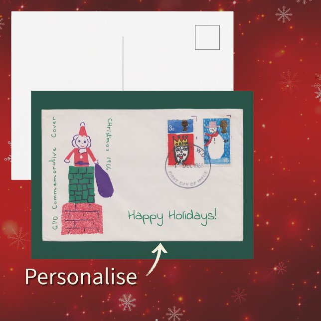 Postal Portada del primer día de Navidad de 1966 | Fiesta (Vintage 1966 Christmas Royal Mail Postage Stamps Children Holiday Ilustrations Snail Mail Xmas Card)