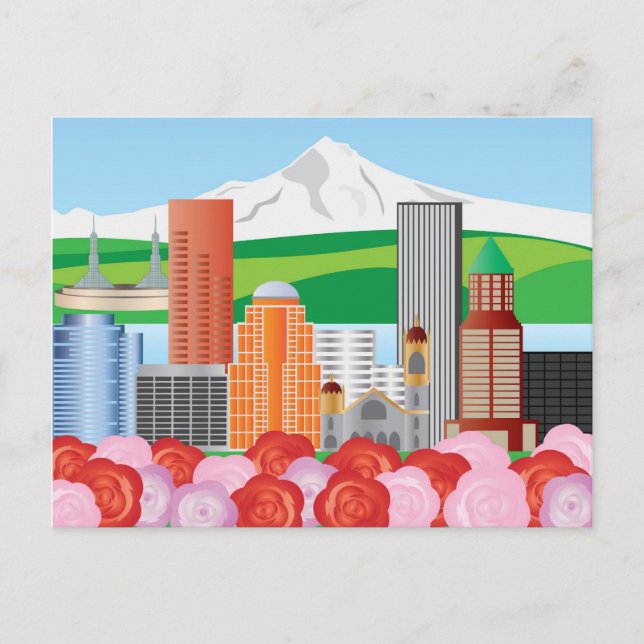 Postal Portland Oregon Cityscape con Monte Hood y Rosa (Anverso)