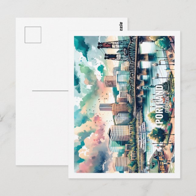 Postal Portland Oregon EE.UU. Famoso lugar acuarela (Anverso / Reverso)
